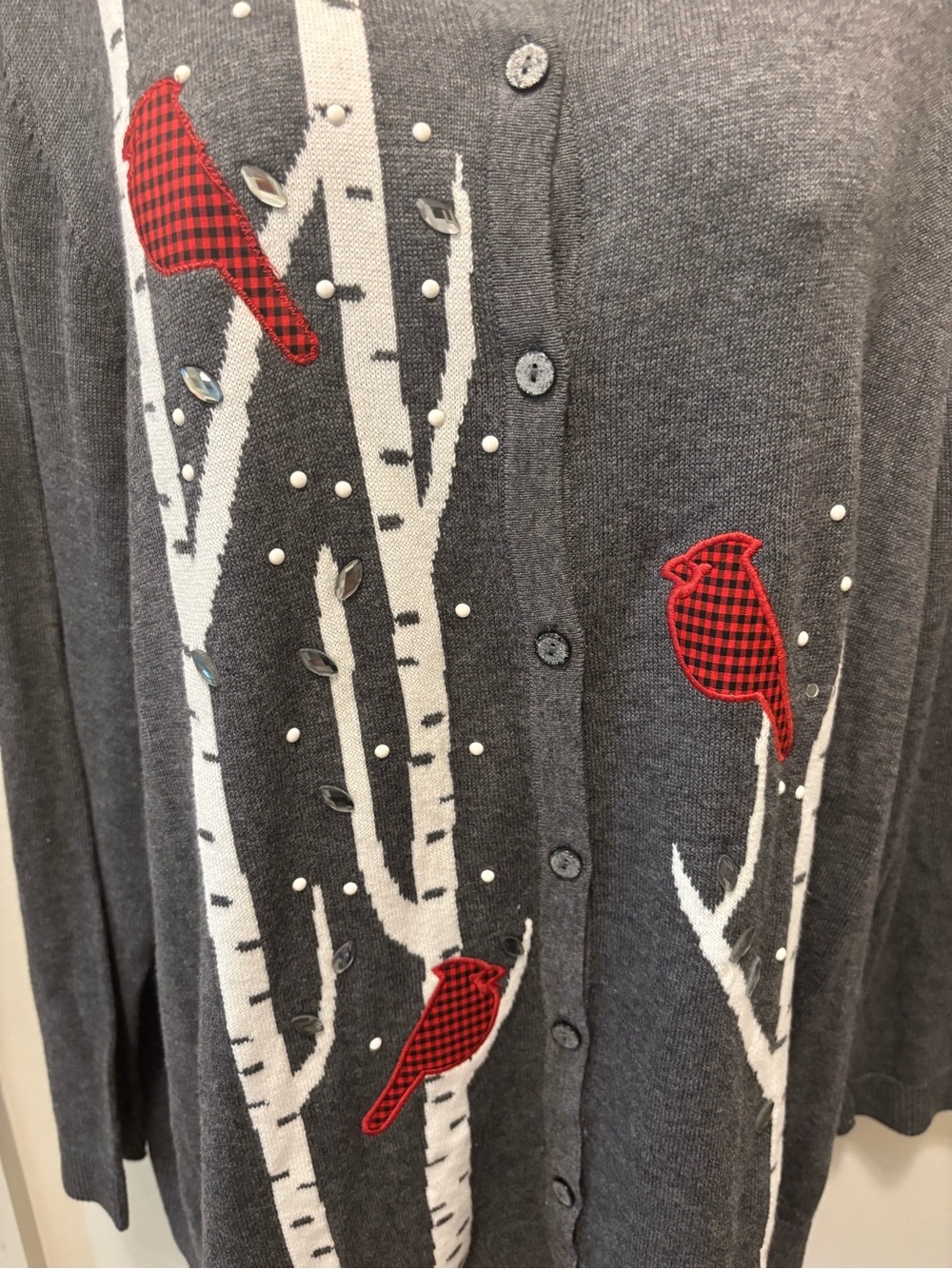 Grey Cotton Blend Cardigan White Birch Trees Plaid Cardinals Rhinestones Sz 2X - Picture 4 of 4